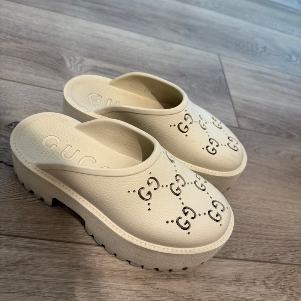 Gucci Perforated Platform Mules in Mystic White